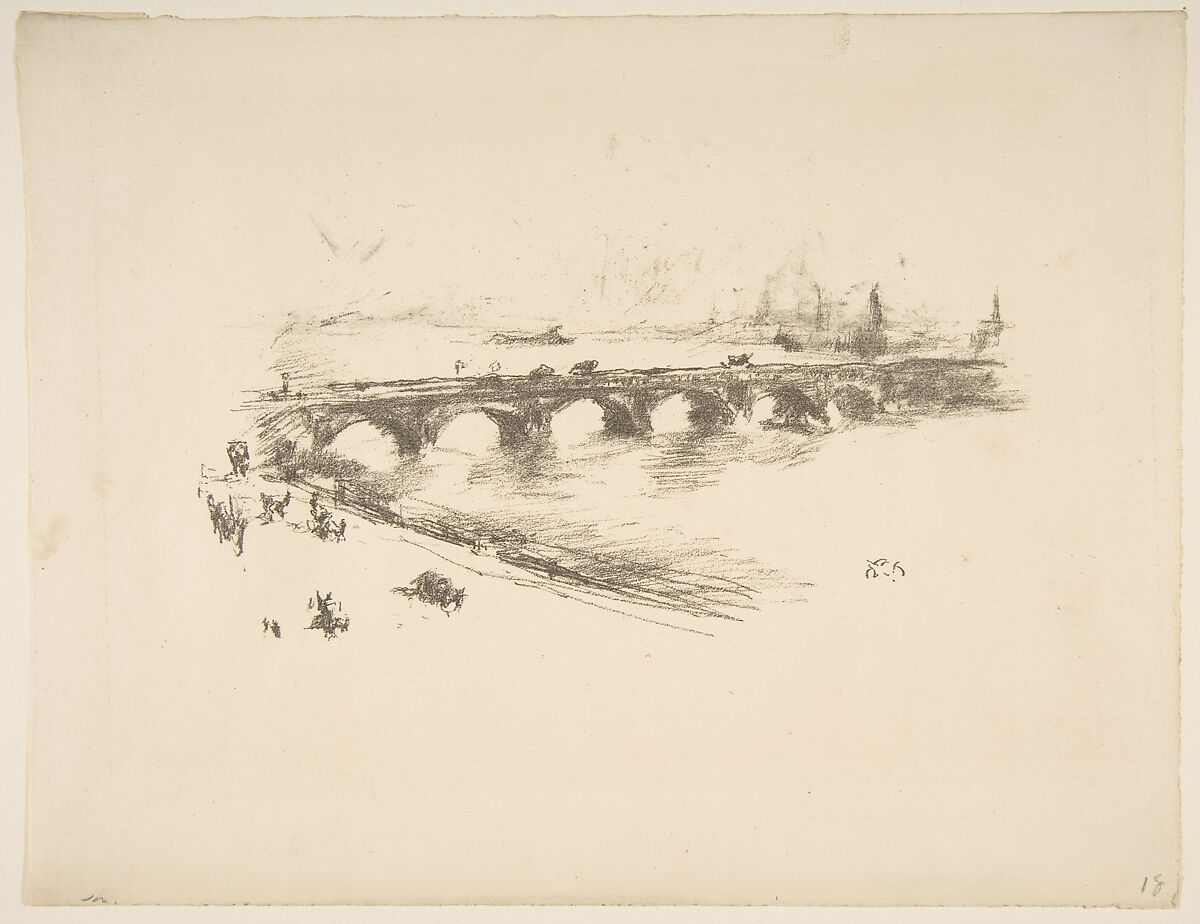 Evening, Little Waterloo Bridge, James McNeill Whistler (American, Lowell, Massachusetts 1834–1903 London), Transfer lithograph with stumping; second stateof two (Chicago); printed in black ink on medium weight  cream laid paper 