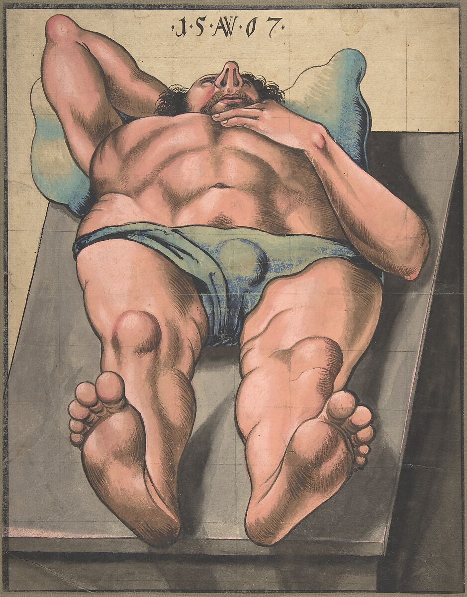 Male Nude Lying on a Table, Monogrammist AW (German, active ca. 1567 (?)), Brush and black wash, watercolor, gouache 