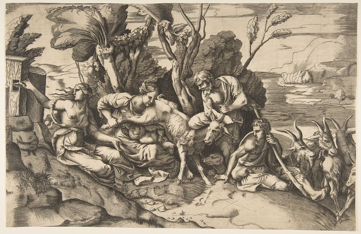 Jupiter suckled by the goat Amalthea, Giulio Bonasone (Italian, active Rome and Bologna, 1531–after 1576), Engraving 