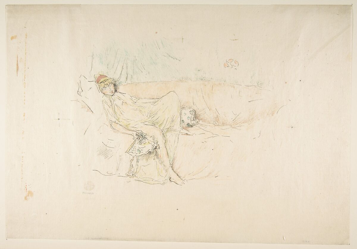 Draped Figure Reclining, James McNeill Whistler (American, Lowell, Massachusetts 1834–1903 London), Transfer lithograph, second state of two (Chicago); printed in rose, bluish-green, olive green, yellowish-green, purple-brown, pale ochre and orange-red (it is likely that yellow has faded from this impression) on cream Japanese paper 