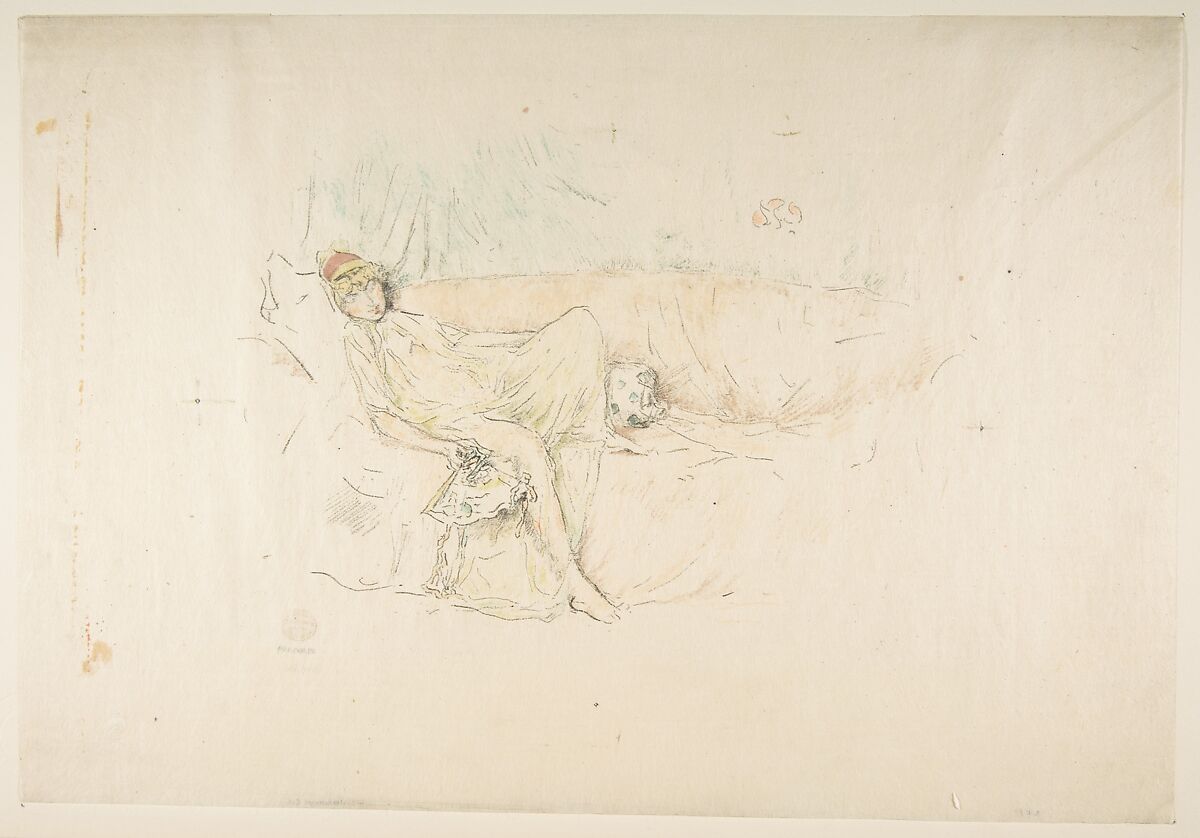 Draped Figure Reclining, James McNeill Whistler (American, Lowell, Massachusetts 1834–1903 London), Transfer lithograph, second state of two (Chicago); printed in rose, bluish-green, olive green, yellowish-green, purple-brown, pale ochre and orange-red (it is likely that yellow has faded from this impression) on cream Japanese paper 