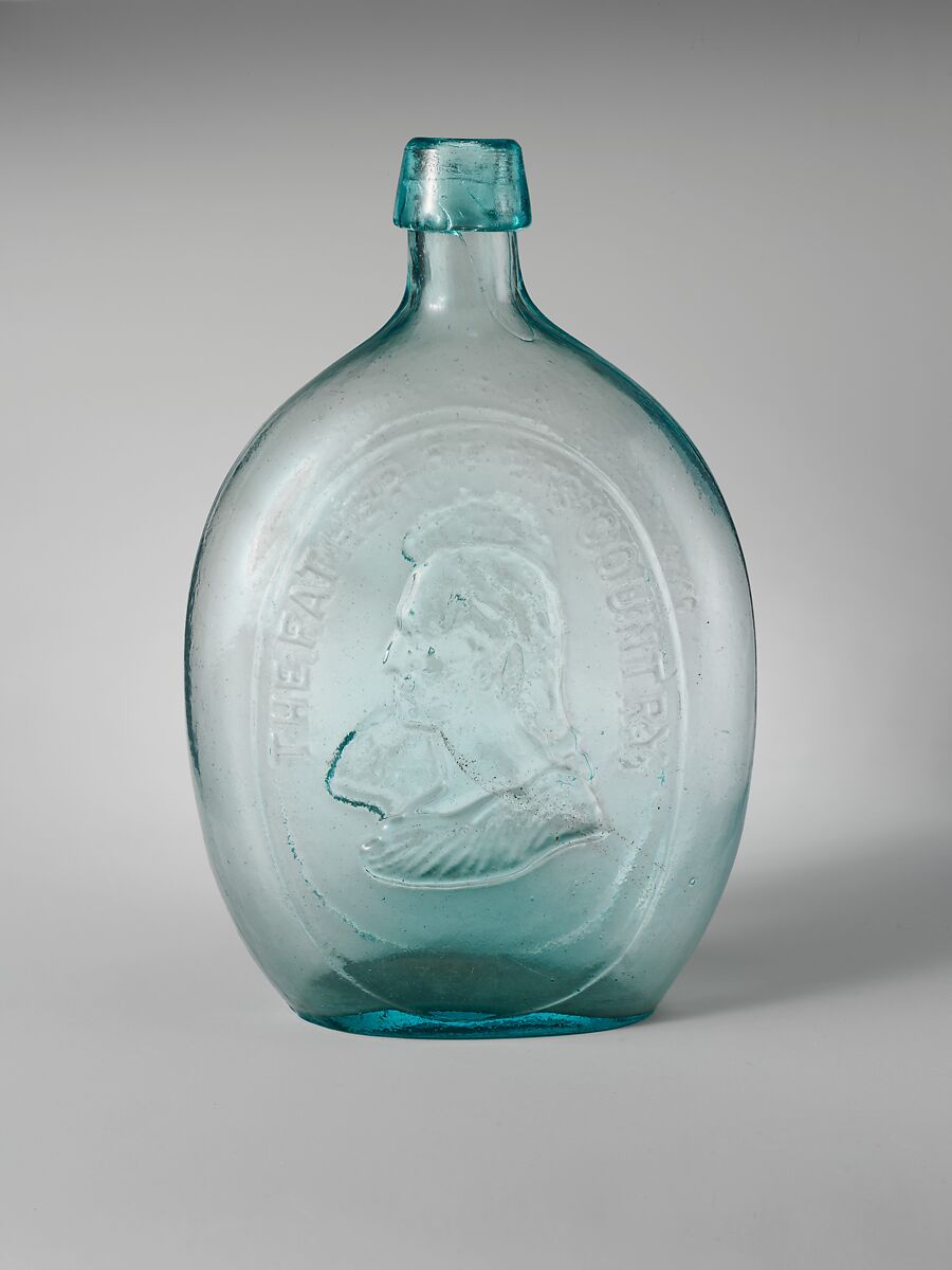 Flask, Dyottville Glass Works (1833–1923), Free-blown molded aquamarine glass, American