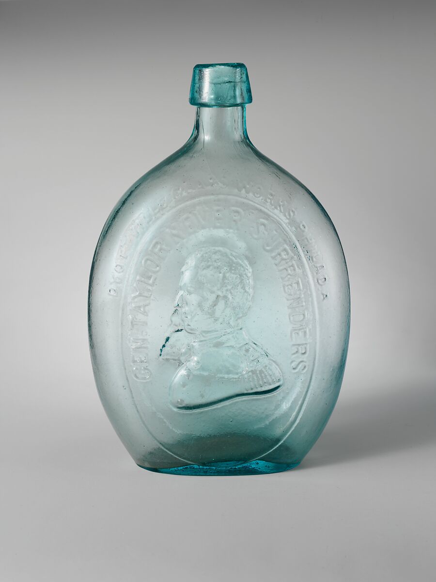 Flask, Dyottville Glass Works (1833–1923), Free-blown molded aquamarine glass, American 