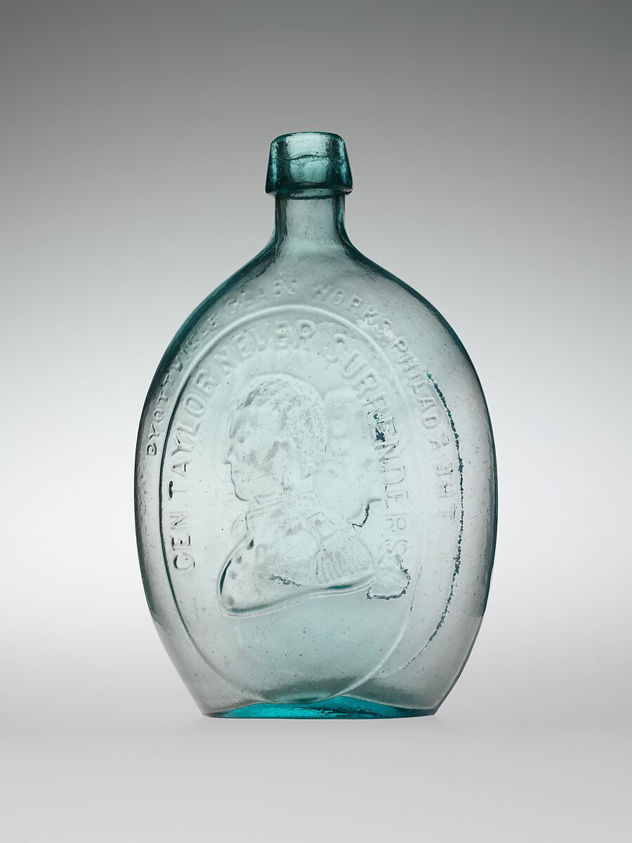 Flask, Dyottville Glass Works (1833–1923), Free-blown molded aquamarine glass, American