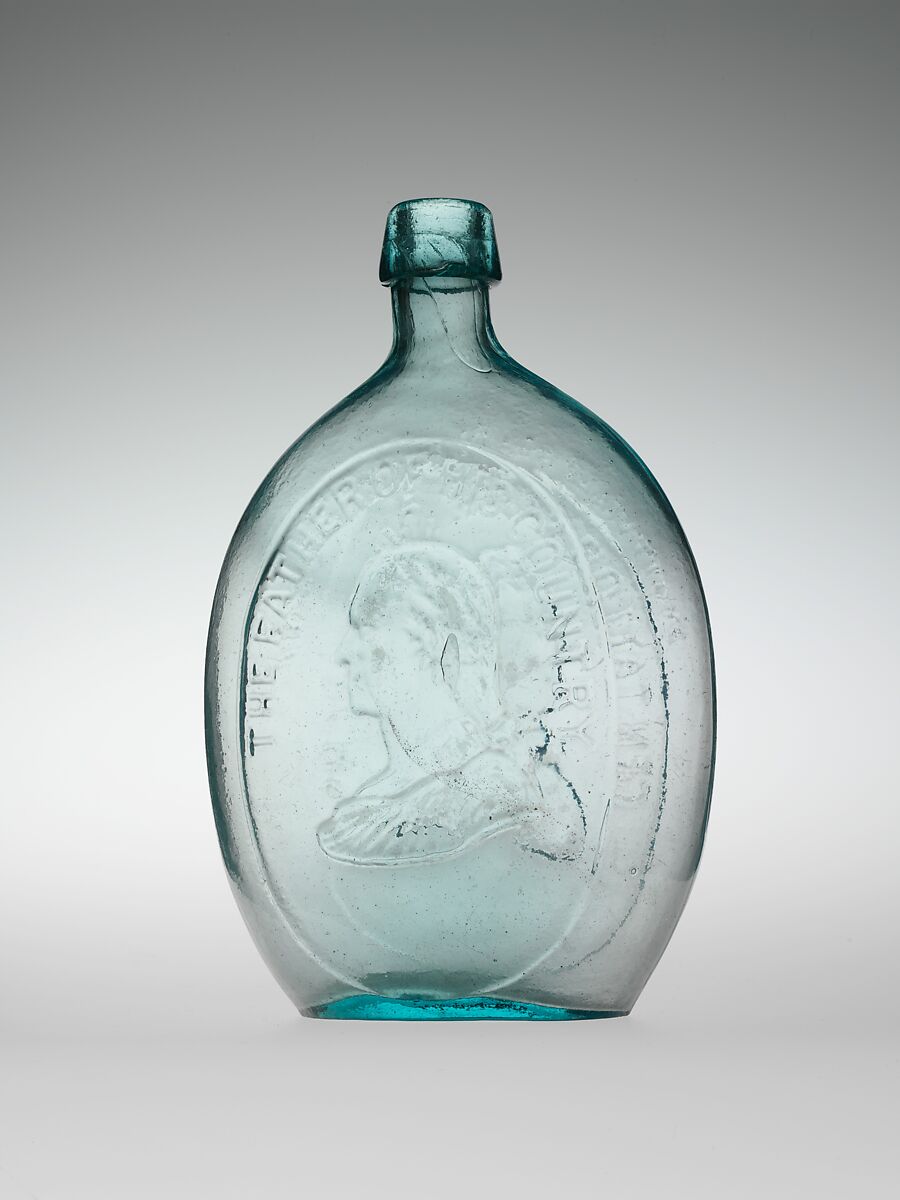 Flask, Dyottville Glass Works (1833–1923), Free-blown molded aquamarine glass, American