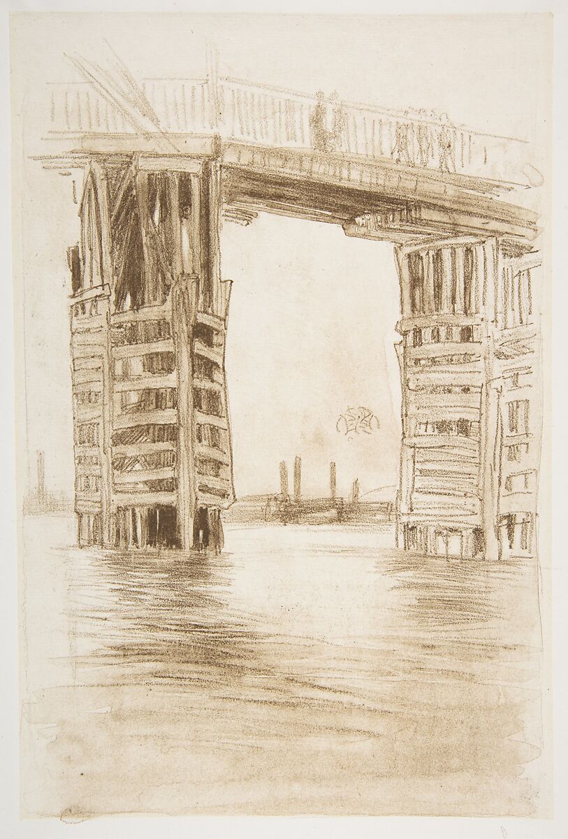 The Tall Bridge, James McNeill Whistler (American, Lowell, Massachusetts 1834–1903 London), Lithotint with scraping, first state of two (Chicago), printed in brown ink on
Japanese paper mounted on off-white plate paper 