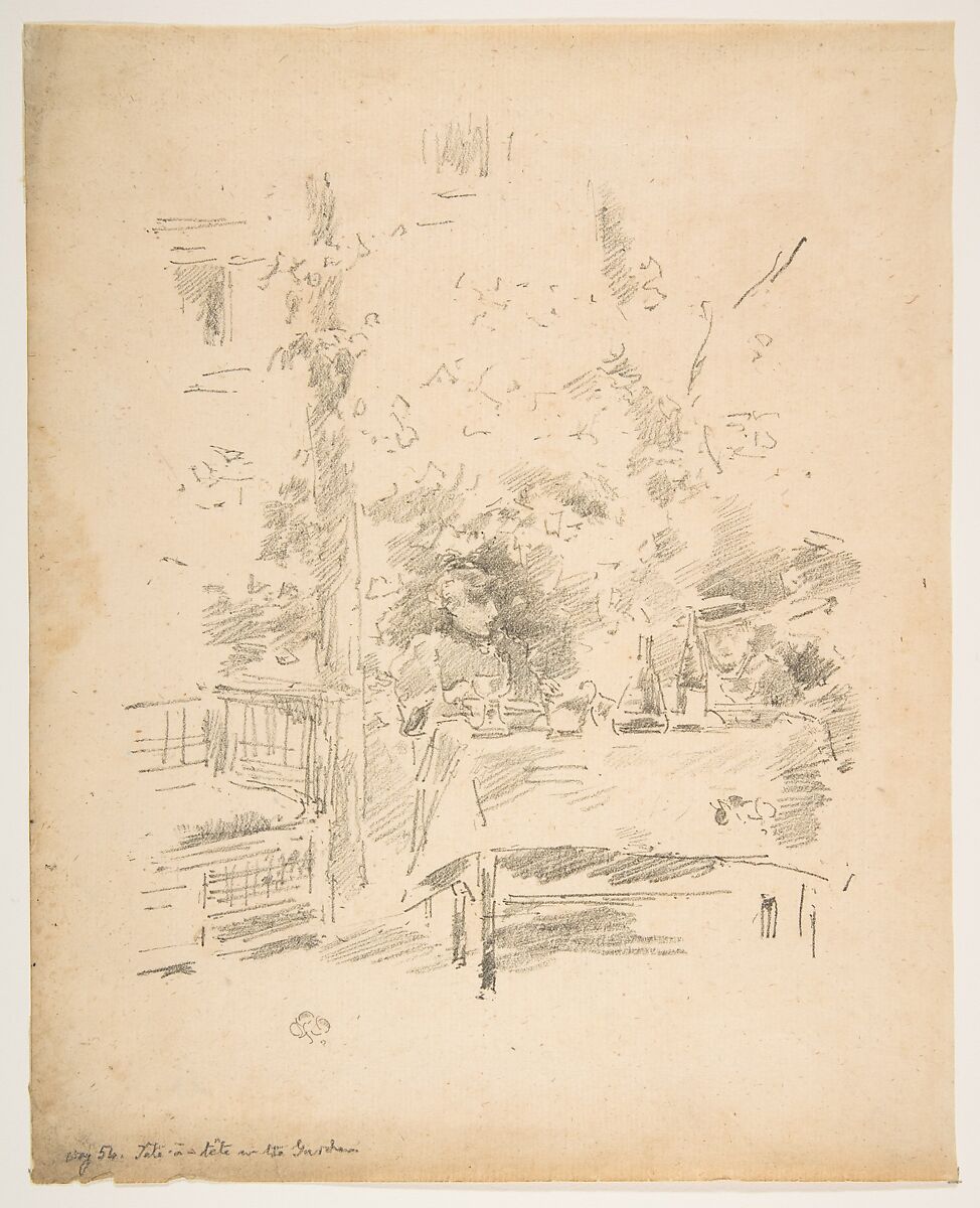 Tête-à-tête in the Garden, James McNeill Whistler (American, Lowell, Massachusetts 1834–1903 London), Transfer lithograph; only state (Chicago); printed in black ink on cream laid paper (darkened) 