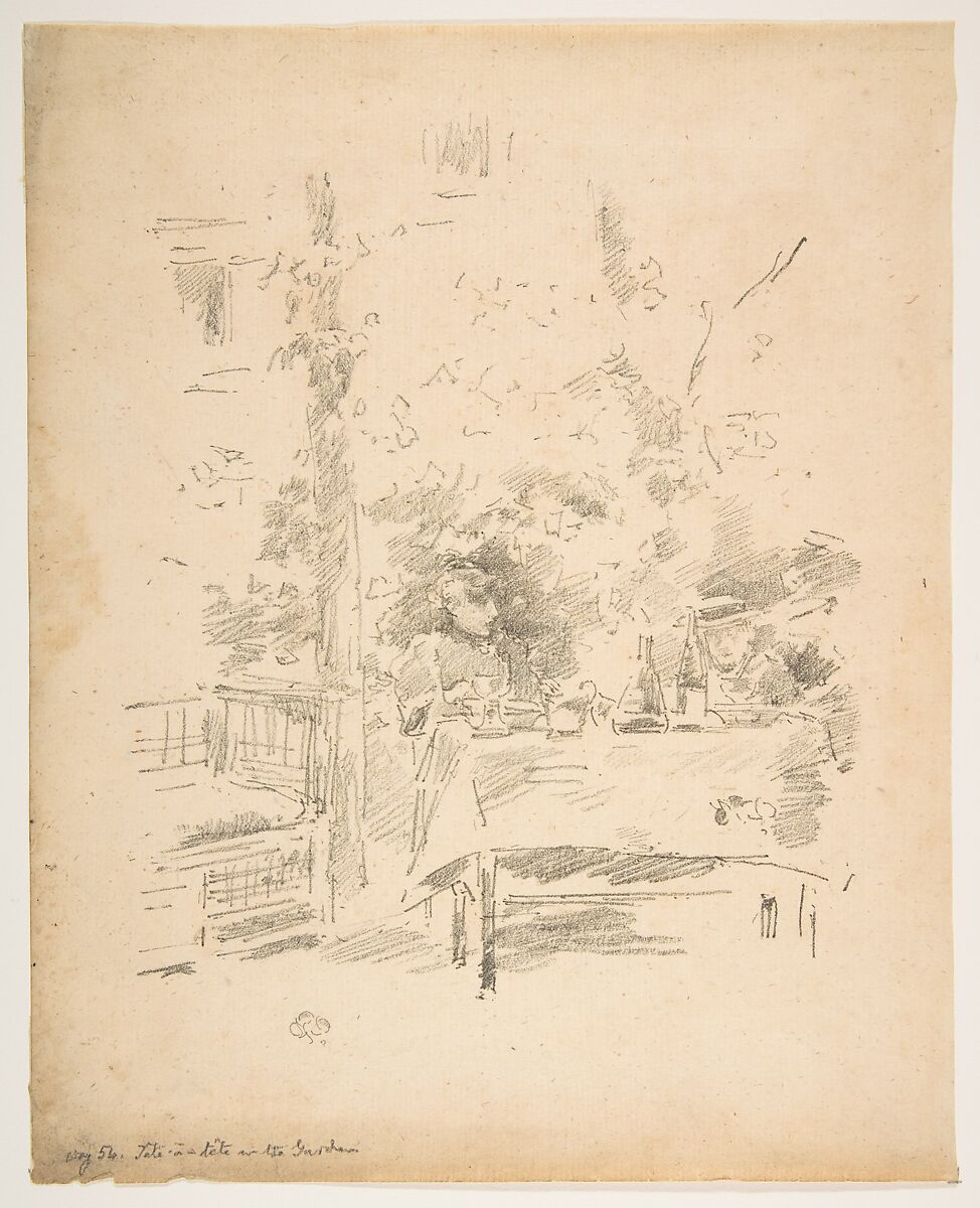 Tête-à-tête in the Garden, James McNeill Whistler (American, Lowell, Massachusetts 1834–1903 London), Transfer lithograph; only state (Chicago); printed in black ink on cream laid paper (darkened)