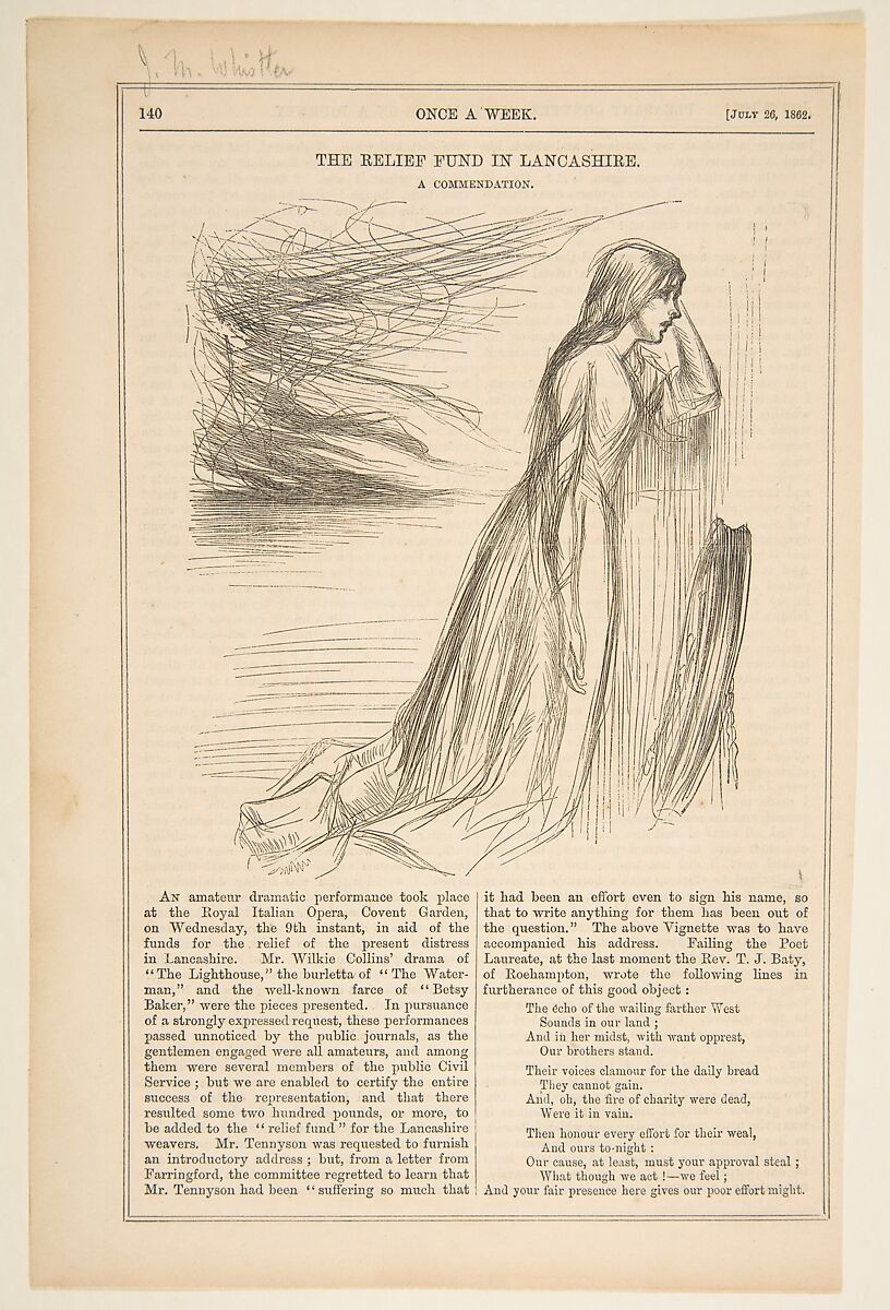 The Relief Fund in Lancashire (from "Once a Week," July 26, 1862), After James McNeill Whistler (American, Lowell, Massachusetts 1834–1903 London), Wood engraving 