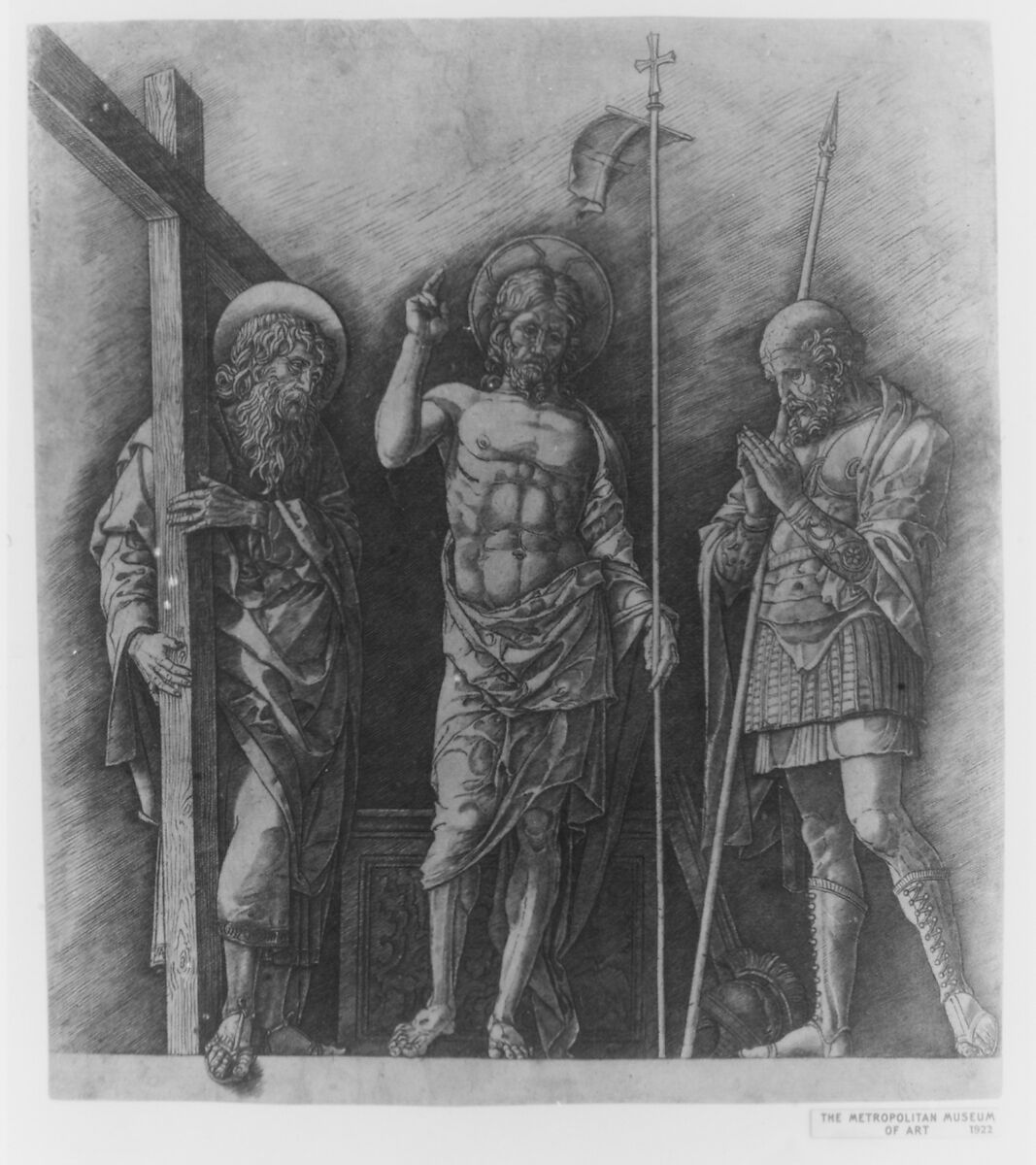 The Risen Christ between Saints Andrew and Longinus, Andrea Mantegna (Italian, Isola di Carturo 1430/31–1506 Mantua), Engraving