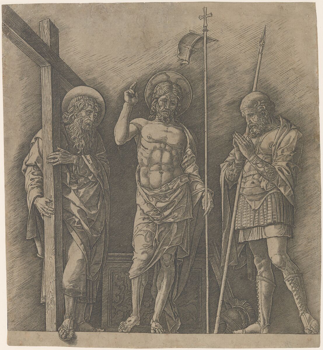 The Risen Christ between Saints Andrew and Longinus, Andrea Mantegna (Italian, Isola di Carturo 1430/31–1506 Mantua), Engraving