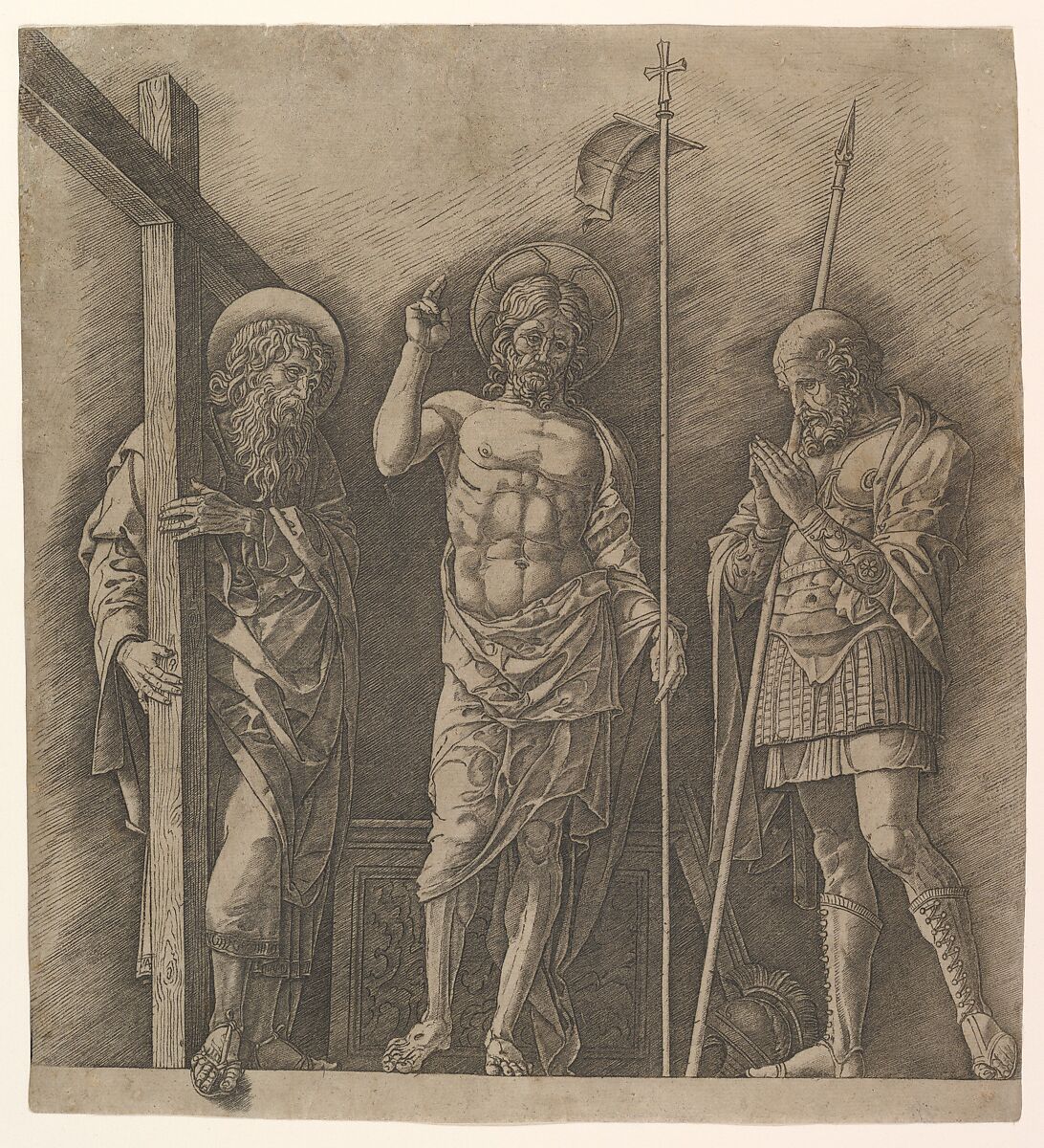 The Risen Christ between Saints Andrew and Longinus, Andrea Mantegna (Italian, Isola di Carturo 1430/31–1506 Mantua), Engraving 