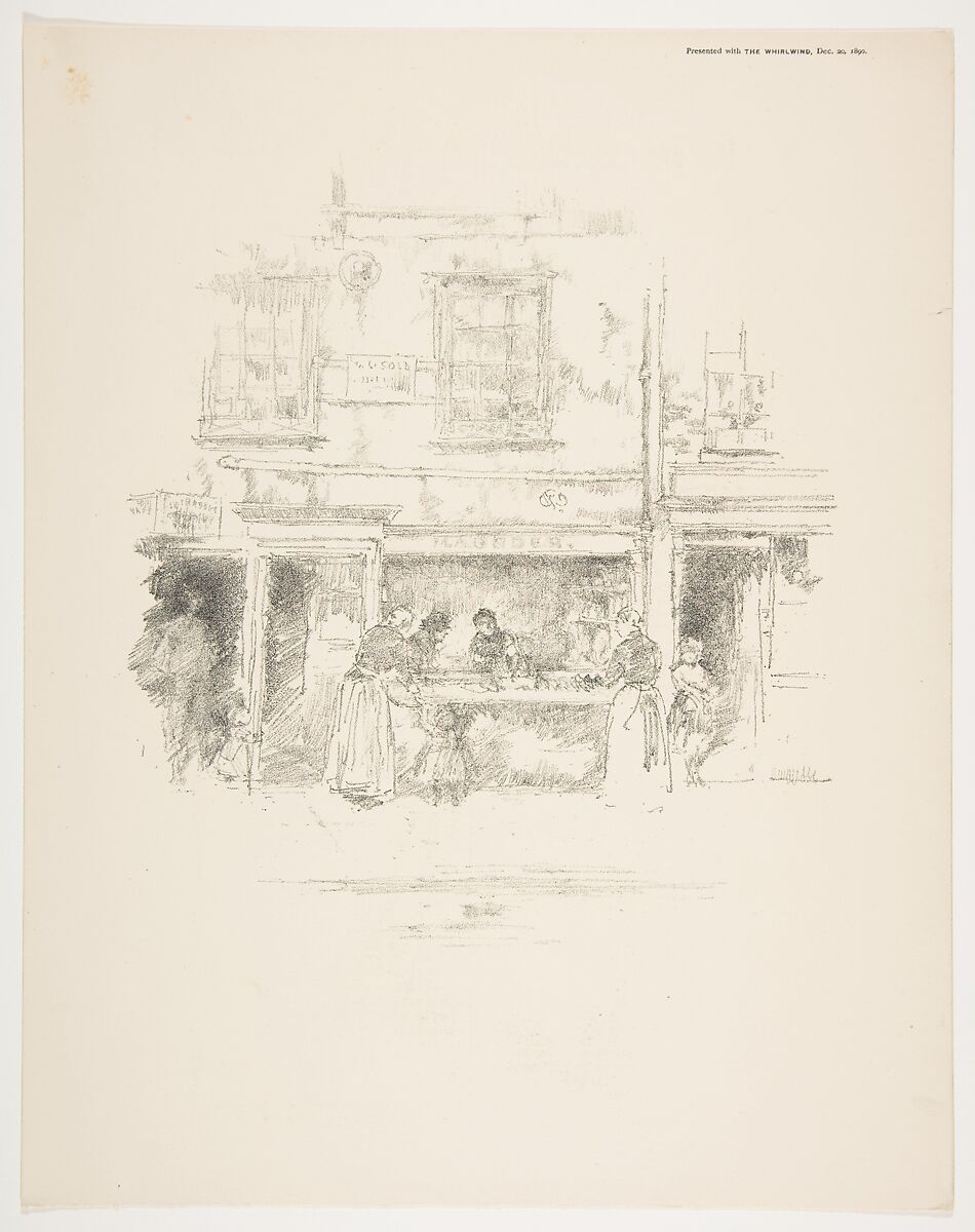 Maunder's Fish Shop, Chelsea, from "Whirlwind," December 27, 1890, After James McNeill Whistler (American, Lowell, Massachusetts 1834–1903 London), Transfer lithograph with scraping; second state of two (Chicago); printed in black ink on smooth ivory wove paper 