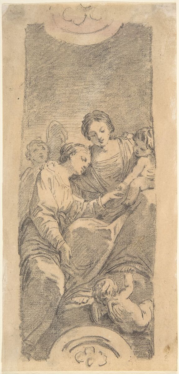 The Mystic Marriage of Saint Catherine, Jean Honoré Fragonard (French, Grasse 1732–1806 Paris), Black chalk counterproof, re-worked in black chalk