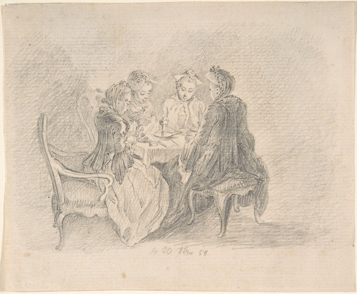 Four Ladies Sitting around a Table Occupied with Needlework, Reading, and Writing; verso: Study of a Woman with Needlework, Daniel Nikolaus Chodowiecki (German, Danzig 1726–1801 Berlin), Graphite 
