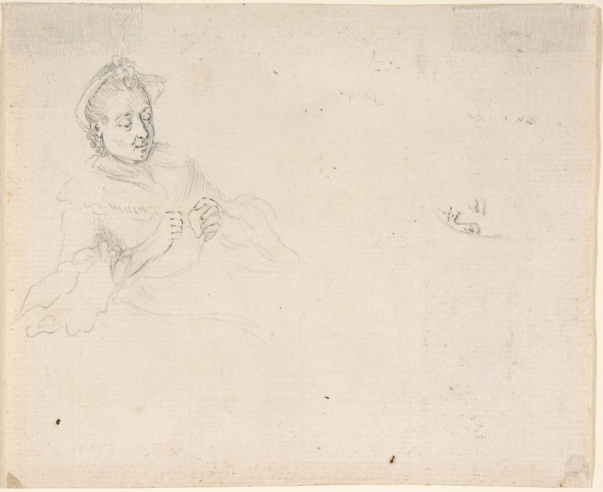 Four Ladies Sitting around a Table Occupied with Needlework, Reading, and Writing (recto); Study of a Woman with Needlework (verso), Daniel Nikolaus Chodowiecki (German, Danzig 1726–1801 Berlin), Graphite