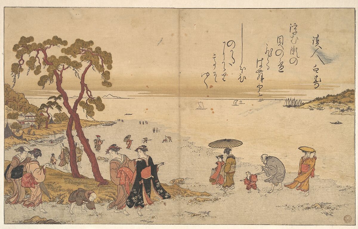 Girls Gathering Shells on the Sea-shore, Kitagawa Utamaro (Japanese, ca. 1754–1806), Woodblock print; ink and color on paper, Japan 