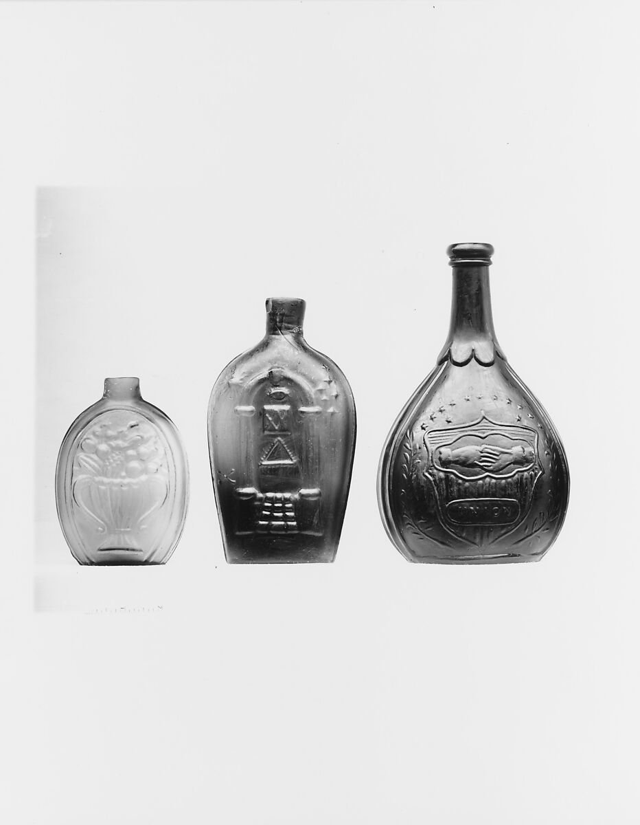 Flask, Probably Keene Marlboro Street Glassworks (1815–41), Free-blown molded green glass, American 