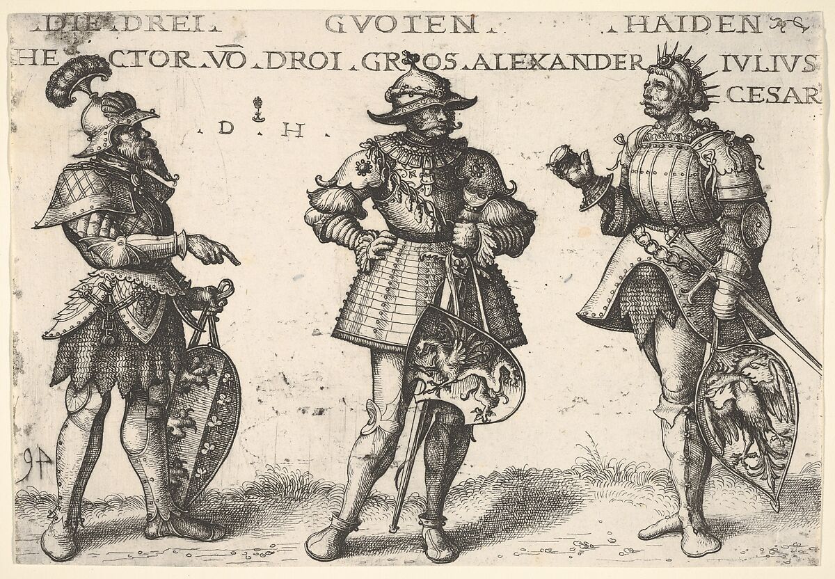 Three Worthy Pagans: Hector, Alexander the Great, and Julius Caesar, Daniel Hopfer (German, Kaufbeuren 1471–1536 Augsburg), Etching; second state of two 