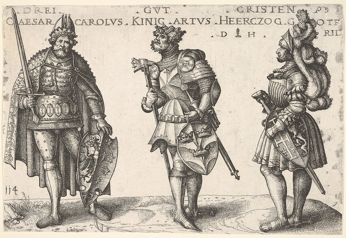 Three Worthy Christians: Charlemagne, King Arthur, and Geoffrey of Bouillon, Daniel Hopfer (German, Kaufbeuren 1471–1536 Augsburg), Etching; second state of two 