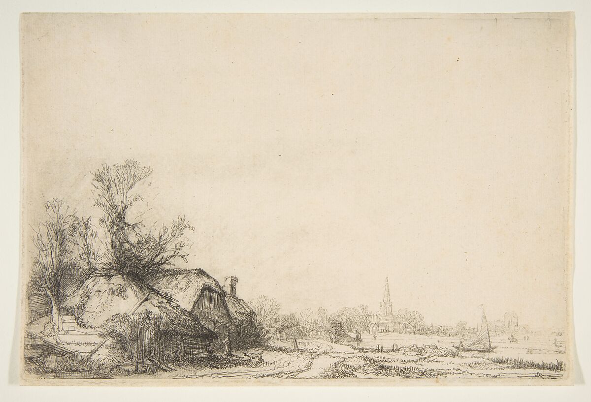 Cottage beside a Canal with a View of Ouderkerk, Rembrandt (Rembrandt van Rijn) (Dutch, Leiden 1606–1669 Amsterdam), Etching and drypoint 