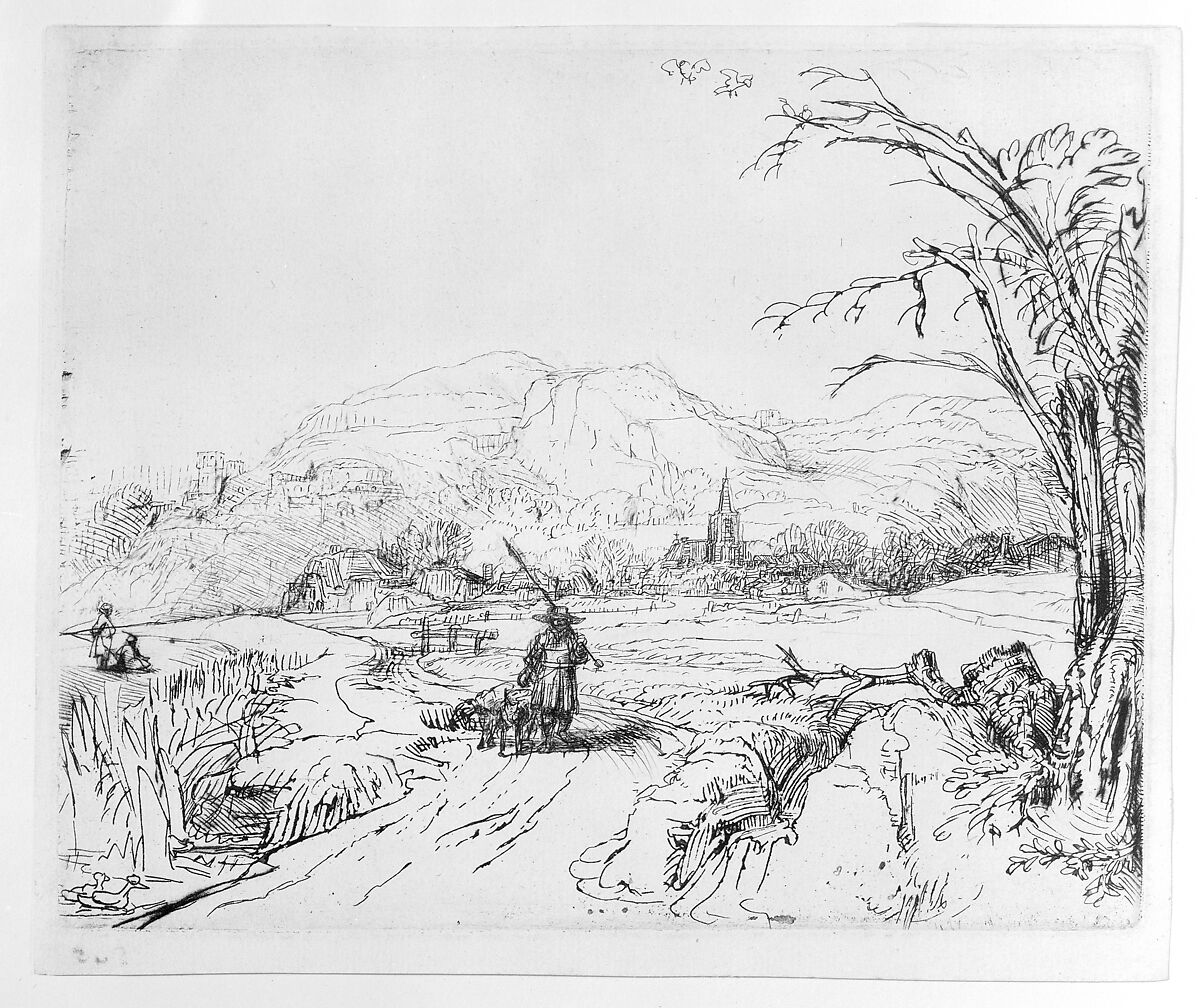 Landscape with a shepherd and a dog, Rembrandt (Rembrandt van Rijn) (Dutch, Leiden 1606–1669 Amsterdam), Etching and drypoint; second of two states