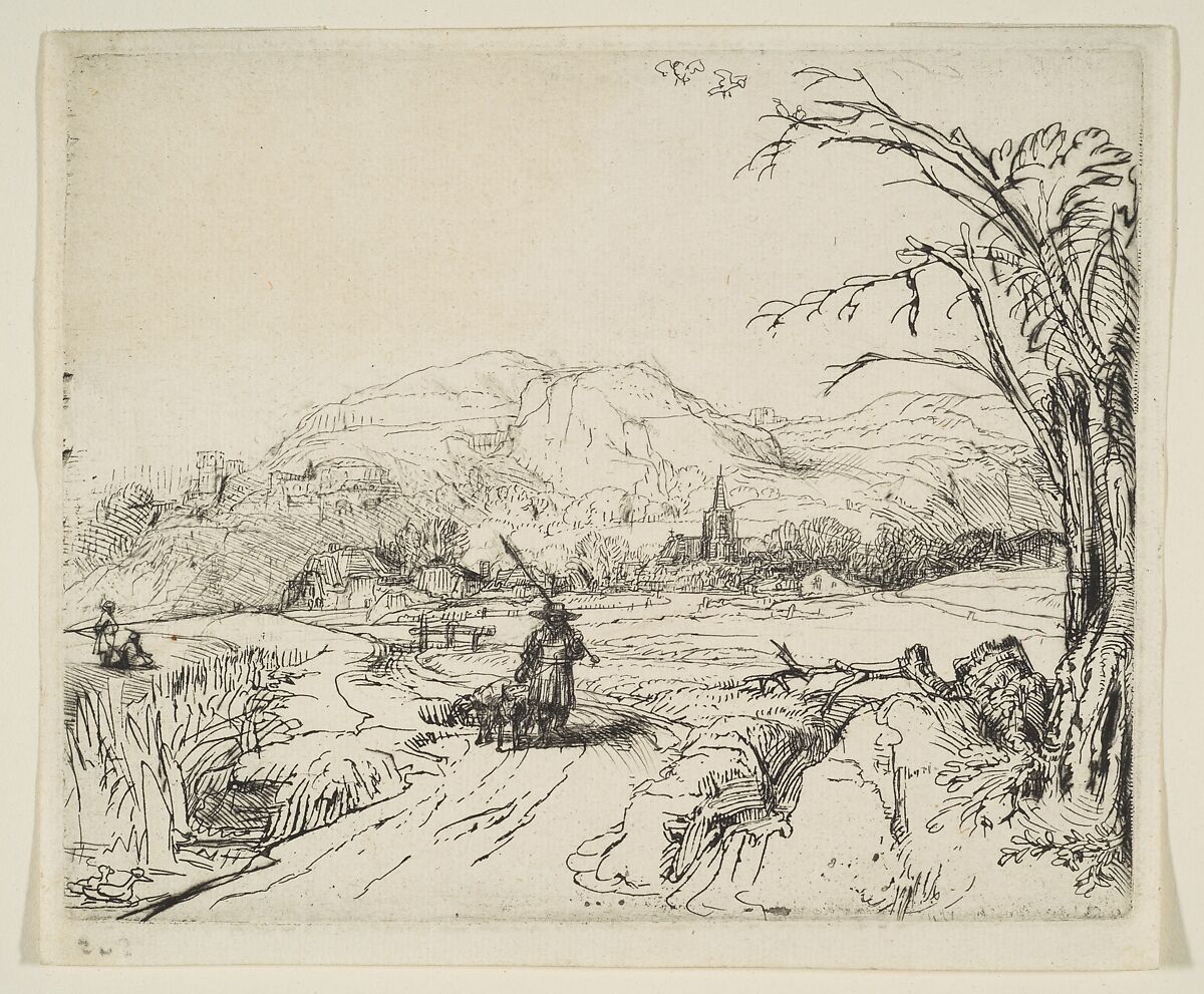 Landscape with a shepherd and a dog, Rembrandt (Rembrandt van Rijn) (Dutch, Leiden 1606–1669 Amsterdam), Etching and drypoint; second of two states 