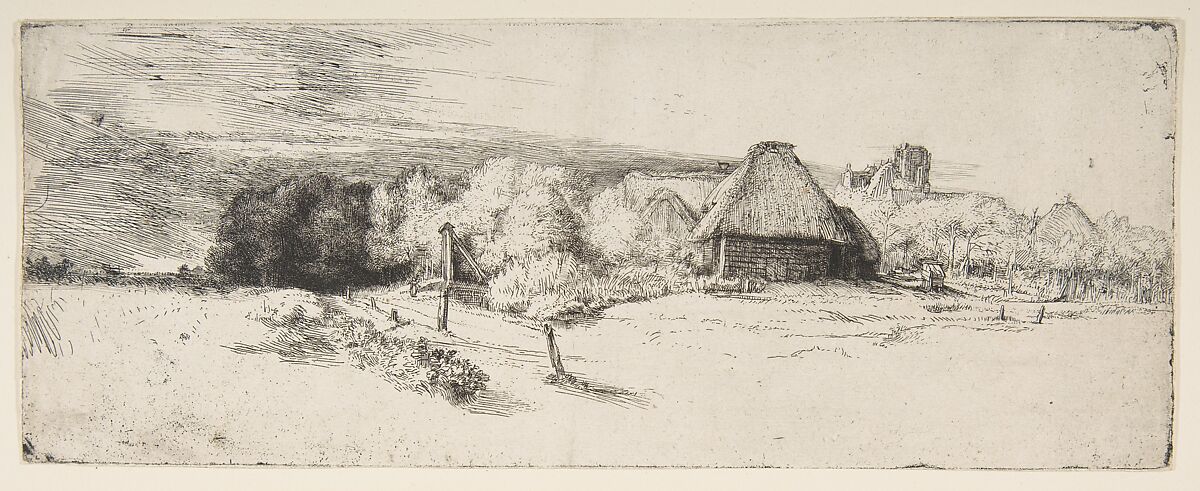 Landscape with Trees, Farm Buildings, and a Tower, Rembrandt (Rembrandt van Rijn) (Dutch, Leiden 1606–1669 Amsterdam), Etching and drypoint; fourth of four states 