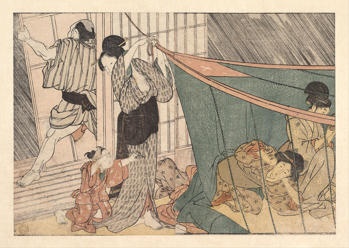 The Coming Thunderstorm, from the illustrated book Flowers of the Four Seasons, Kitagawa Utamaro (Japanese, ca. 1754–1806), Woodblock print; ink and color on paper, Japan 