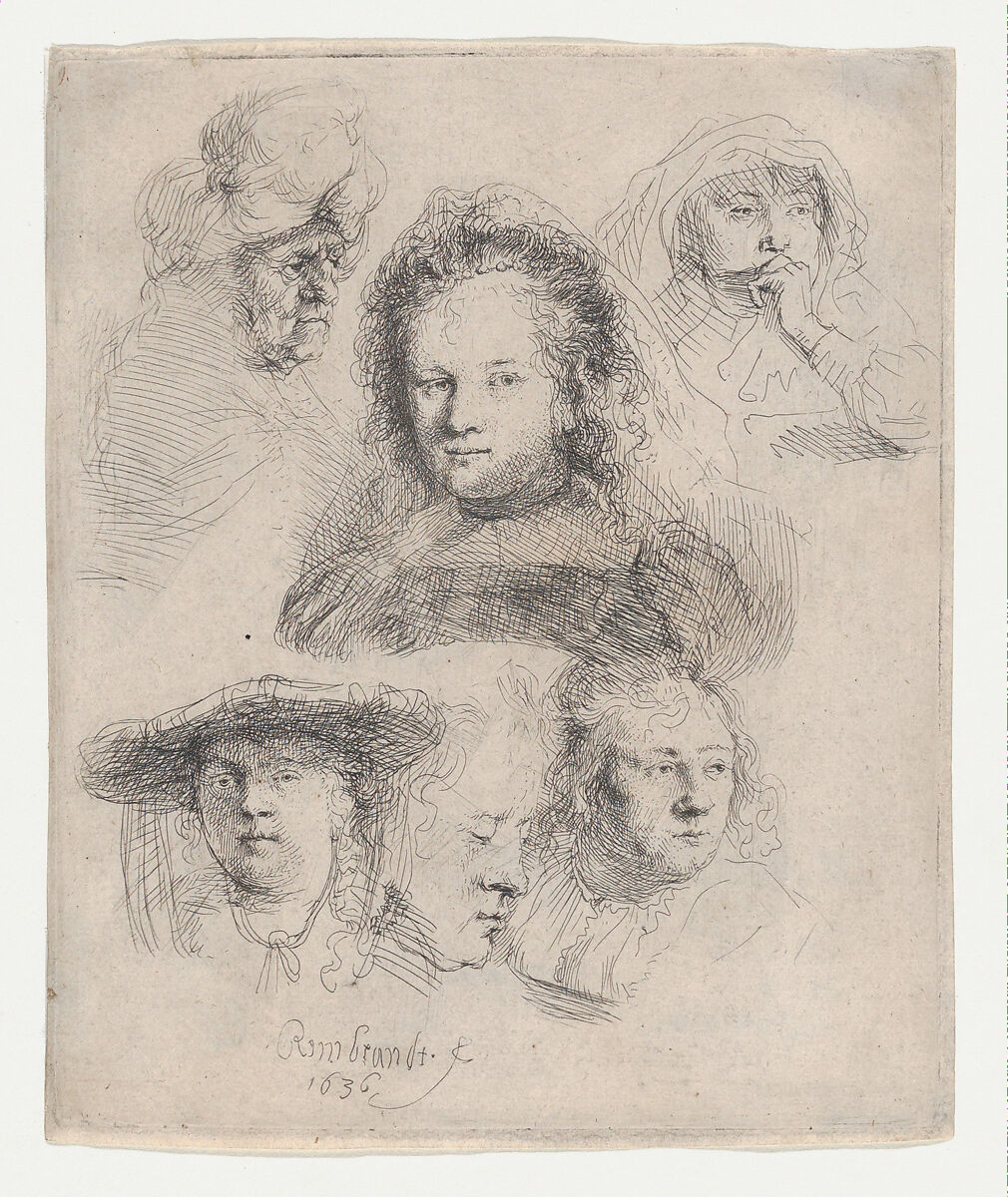 Studies of the Heads of Saskia and Others, Rembrandt (Rembrandt van Rijn)  Dutch, Etching; first of two states