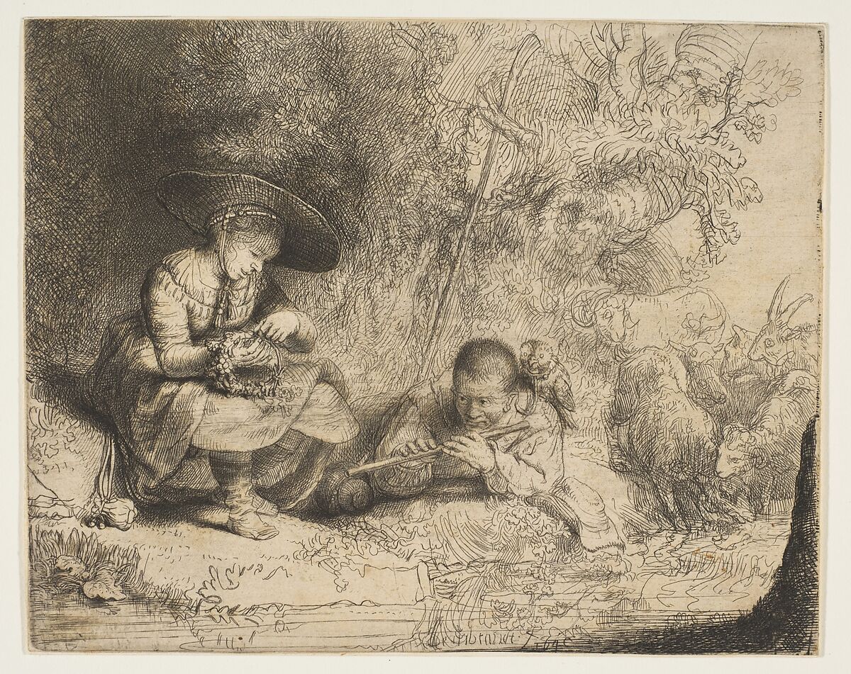 The Flute Player, Rembrandt (Rembrandt van Rijn) (Dutch, Leiden 1606–1669 Amsterdam), Etching and drypoint; fourth of four states 