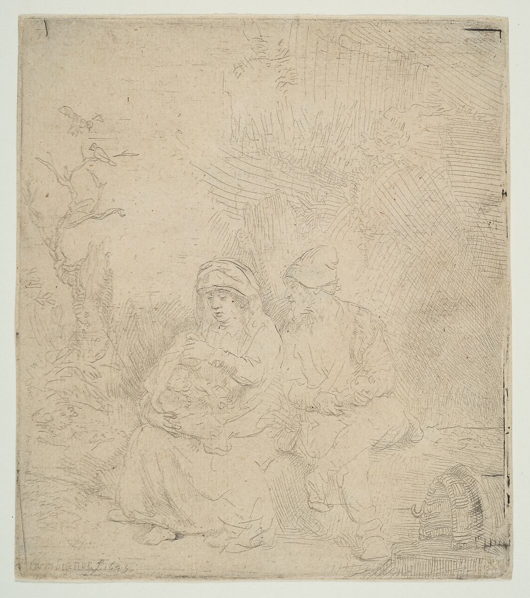 The Rest on the Flight into Egypt; lightly etched, Rembrandt (Rembrandt van Rijn) (Dutch, Leiden 1606–1669 Amsterdam), Etching and drypoint 
