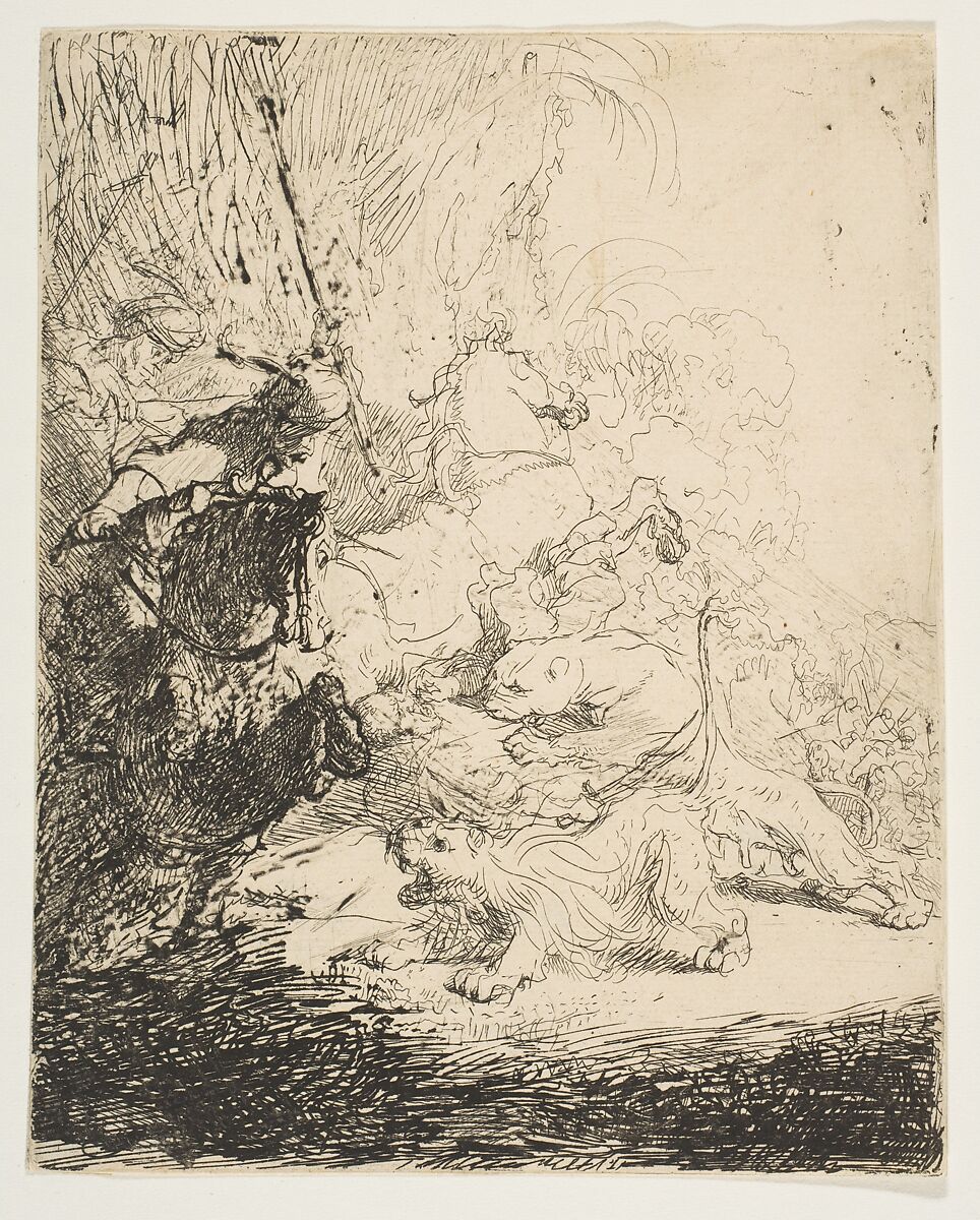 The small lion hunt, with two lions, Rembrandt (Rembrandt van Rijn) (Dutch, Leiden 1606–1669 Amsterdam), Etching; second of two states 