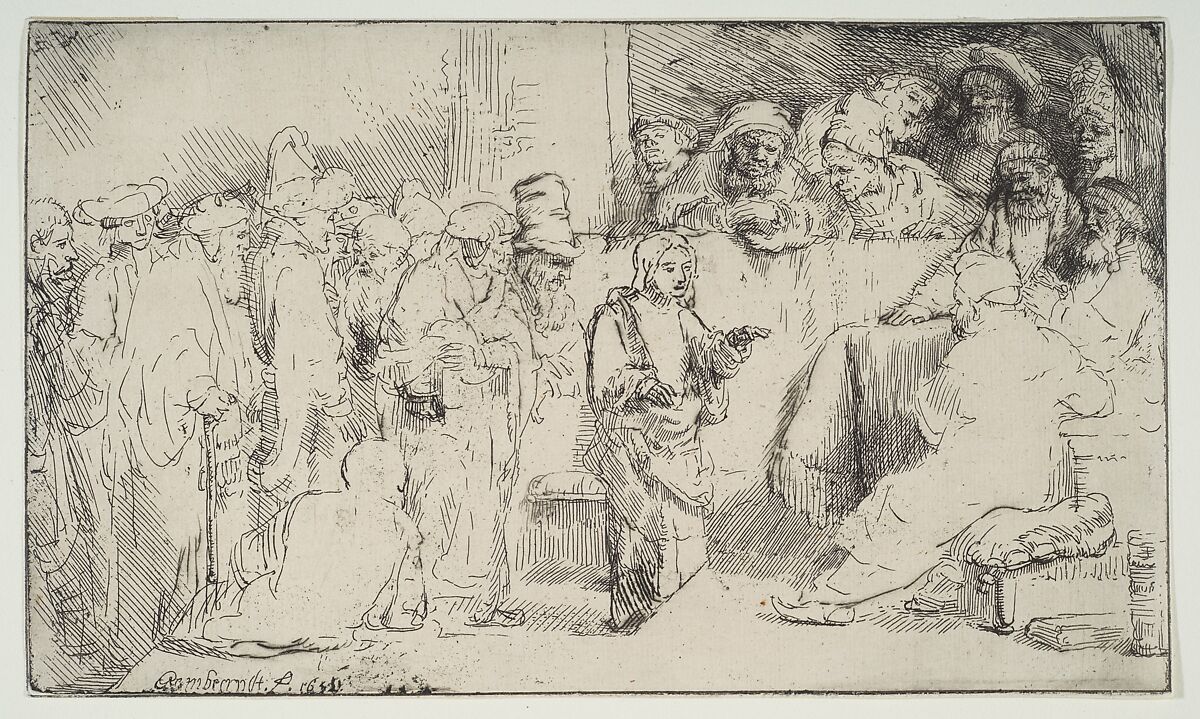 Christ Disputing with the Doctors; a sketch, Rembrandt (Rembrandt van Rijn) (Dutch, Leiden 1606–1669 Amsterdam), Etching and drypoin, framing line in pen and black injt; first of two states 