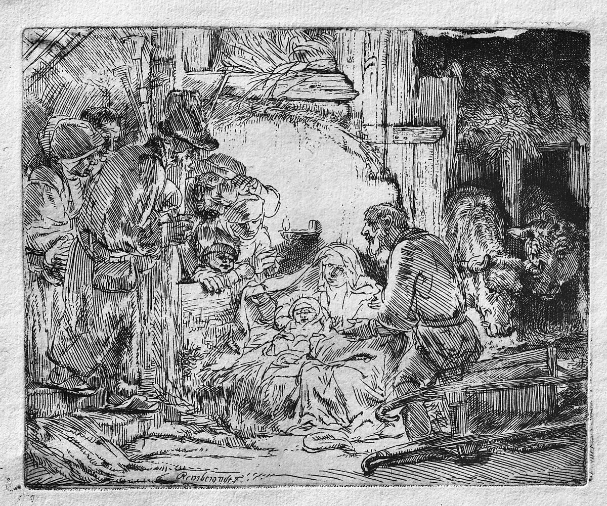 The Adoration of the Shepherds, with the lamp, Rembrandt (Rembrandt van Rijn) (Dutch, Leiden 1606–1669 Amsterdam), Etching; first of three states