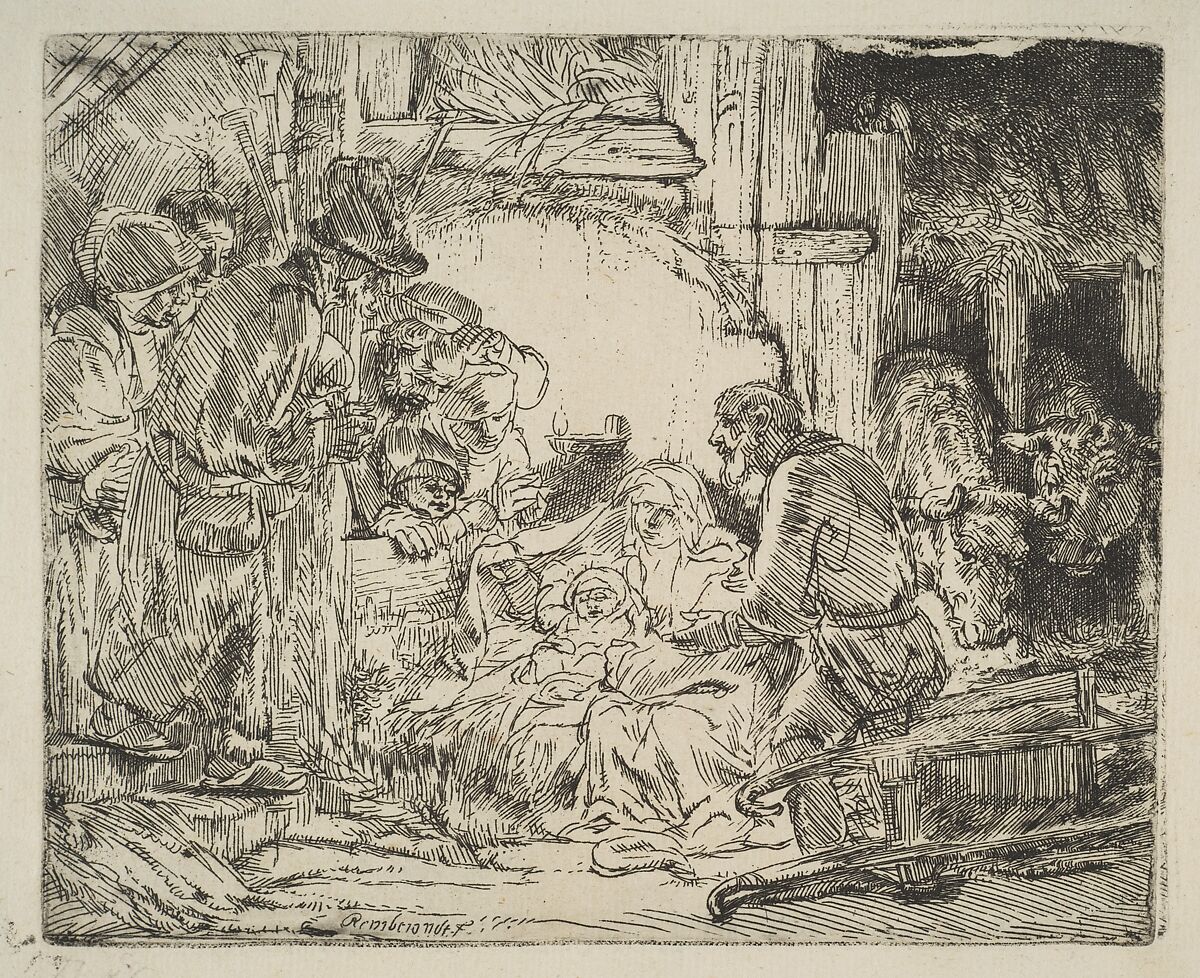 The Adoration of the Shepherds, with the lamp, Rembrandt (Rembrandt van Rijn) (Dutch, Leiden 1606–1669 Amsterdam), Etching; first of three states 