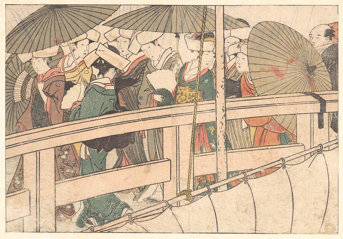 Women on a Bridge, from the illustrated book Flowers of the Four Seasons, Kitagawa Utamaro (Japanese, ca. 1754–1806), Woodblock print; ink and color on paper, Japan 