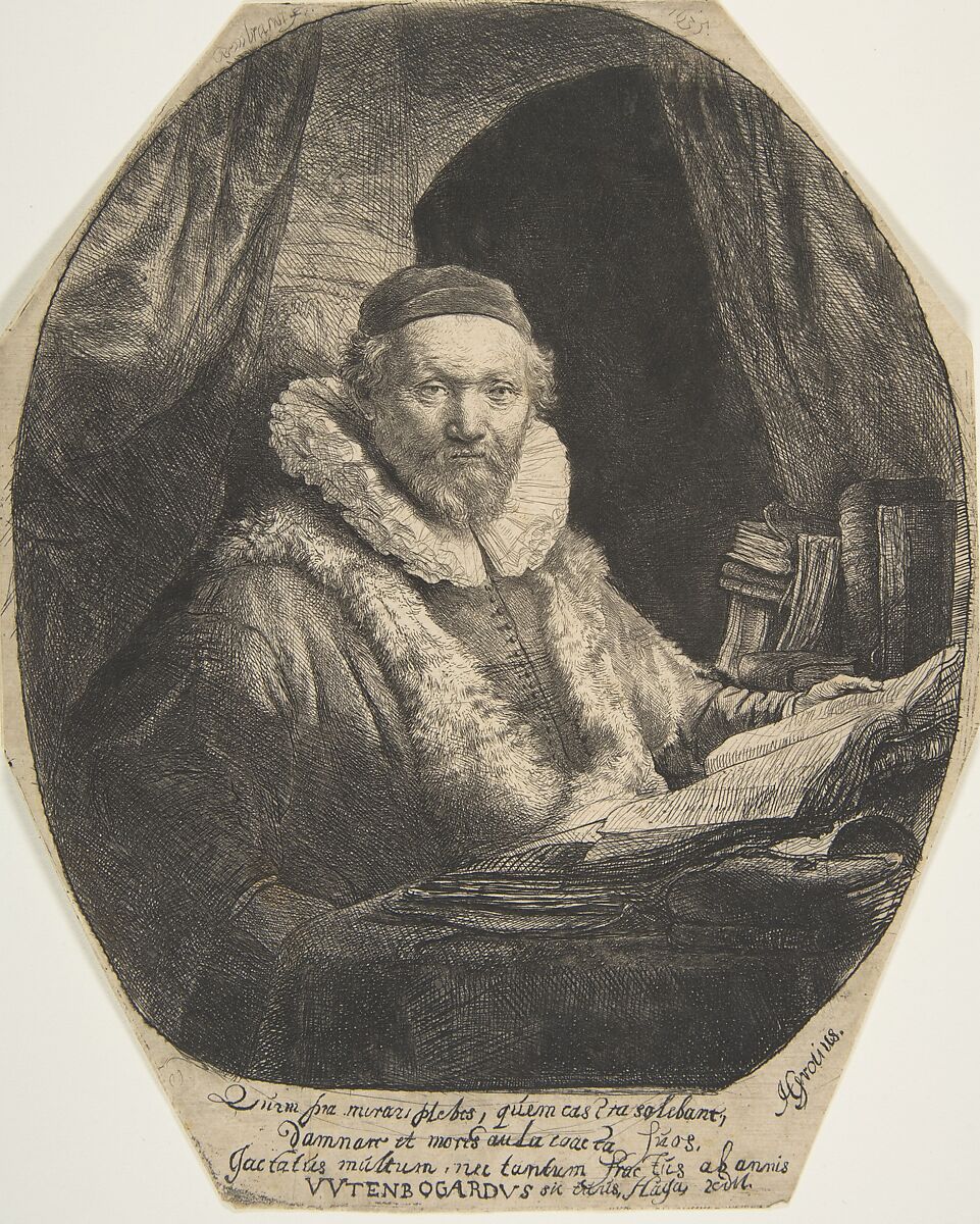 The Remonstrant Preacher Johannes Uytenbogaert, Rembrandt (Rembrandt van Rijn) (Dutch, Leiden 1606–1669 Amsterdam), Etching and burin; octagonal plate; fourth state of six 