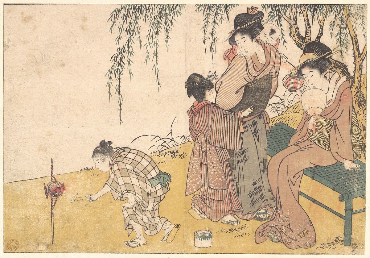 A Child Lighting Fireworks, from the illustrated book Flowers of the Four Seasons, Kitagawa Utamaro (Japanese, ca. 1754–1806), Woodblock print; ink and color on paper, Japan 