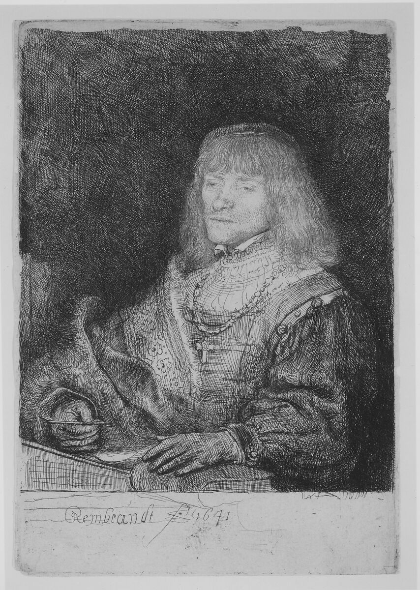 Man at a Desk Wearing a Cross and Chain, Rembrandt (Rembrandt van Rijn) (Dutch, Leiden 1606–1669 Amsterdam), Etching and drypoint
