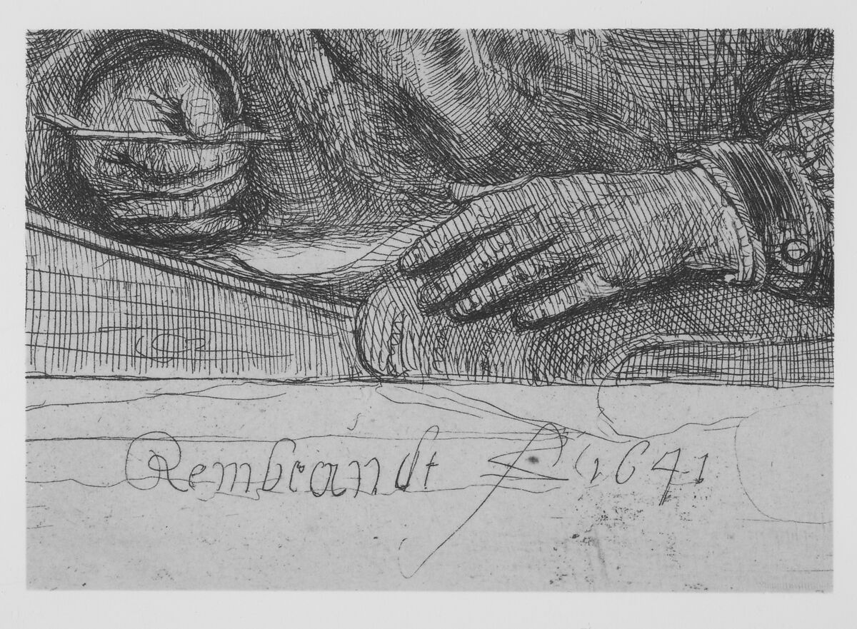 Man at a Desk Wearing a Cross and Chain, Rembrandt (Rembrandt van Rijn) (Dutch, Leiden 1606–1669 Amsterdam), Etching and drypoint