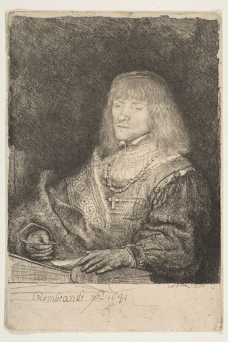 Man at a Desk Wearing a Cross and Chain, Rembrandt (Rembrandt van Rijn) (Dutch, Leiden 1606–1669 Amsterdam), Etching and drypoint 