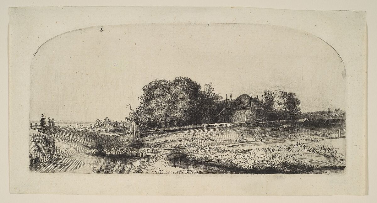 Landscape with a Hay Barn and a Flock of Sheep, Rembrandt (Rembrandt van Rijn) (Dutch, Leiden 1606–1669 Amsterdam), Etching and drypoint; second of two states 