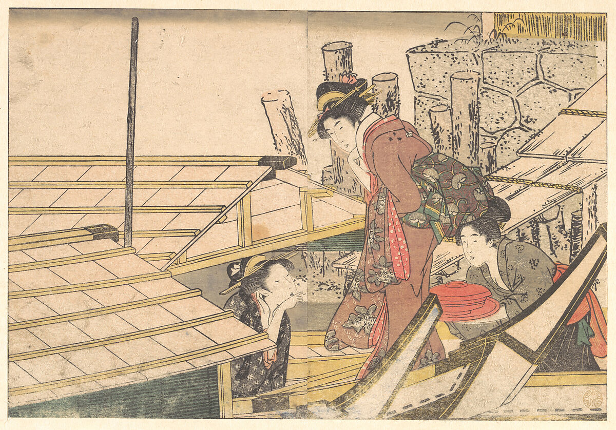 Girls Getting on Board a Boat, from the illustrated book Flowers of the Four Seasons, Kitagawa Utamaro (Japanese, ca. 1754–1806), Woodblock print; ink and color on paper, Japan 