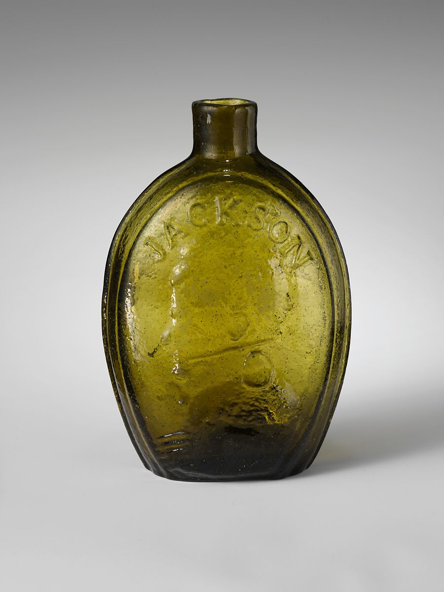 Pint flask, Keene Marlboro Street Glassworks (1815–41), Free-blown molded green glass, American