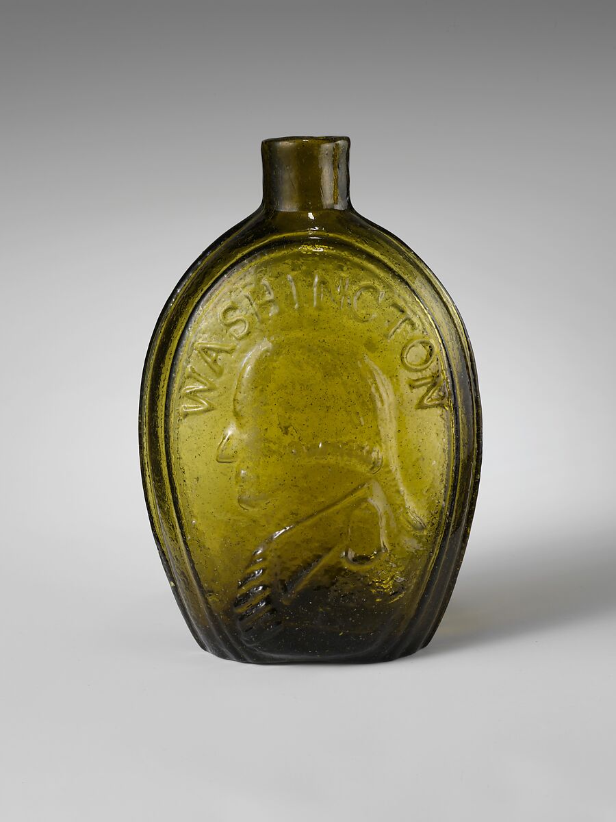 Pint flask, Keene Marlboro Street Glassworks (1815–41), Free-blown molded green glass, American 