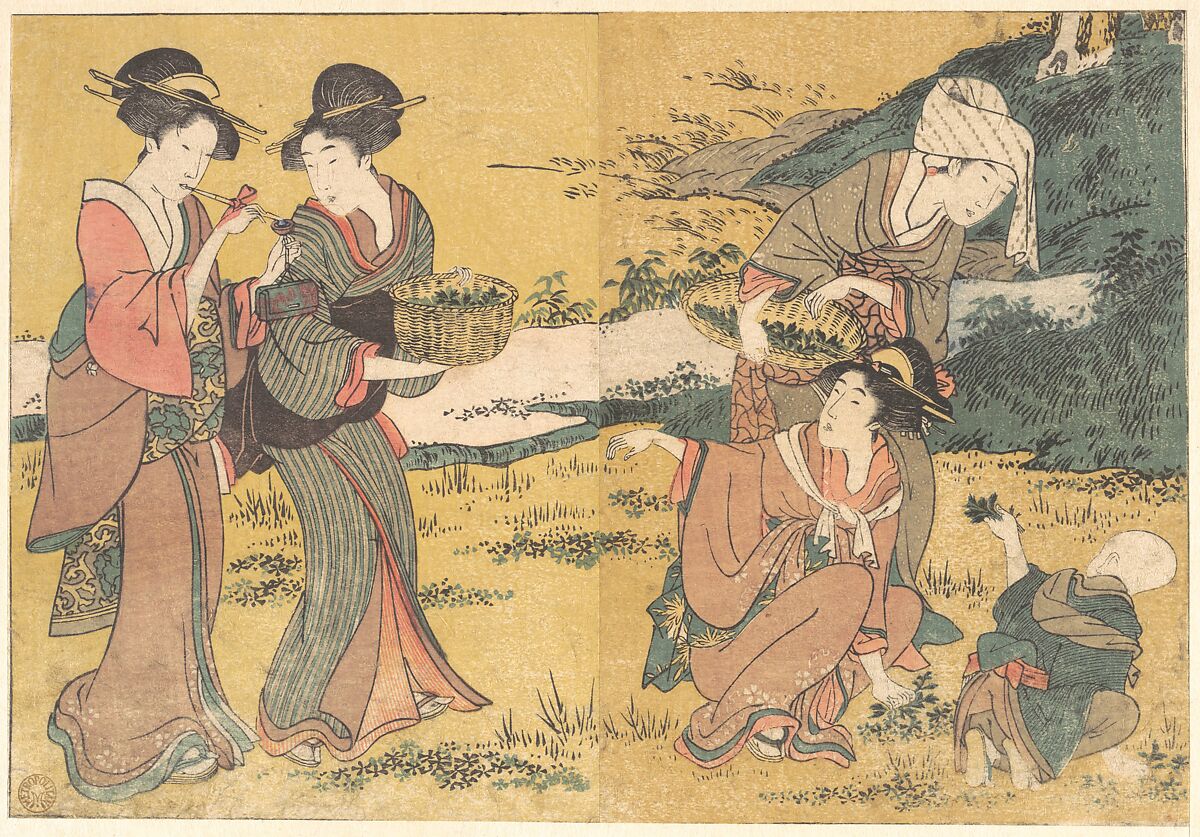 Girls Picking Green Leaves, from the illustrated book Flowers of the Four Seasons, Kitagawa Utamaro (Japanese, ca. 1754–1806), Woodblock print; ink and color on paper, Japan 