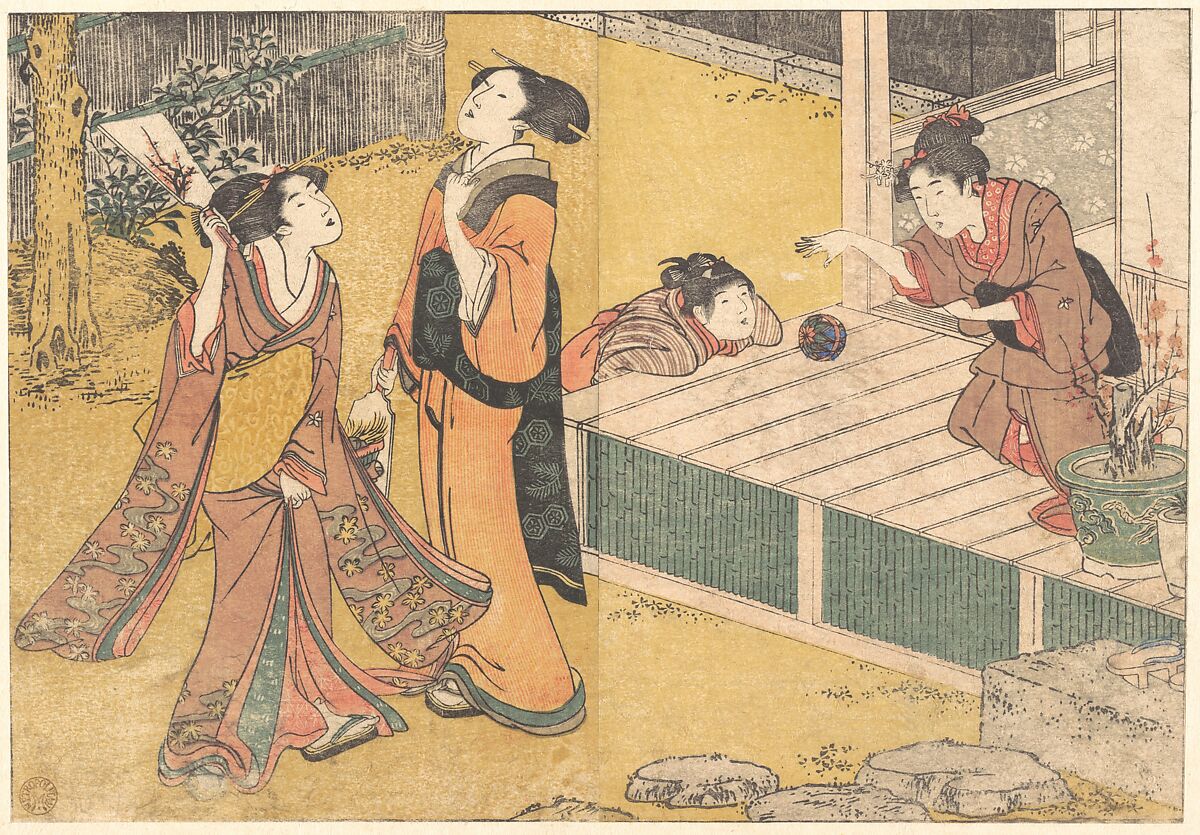 New Year's Games, from the printed book Flowers of the Four Seasons (Shiki no hana), Kitagawa Utamaro (Japanese, ca. 1754–1806), Woodblock print; ink and color on paper, Japan 