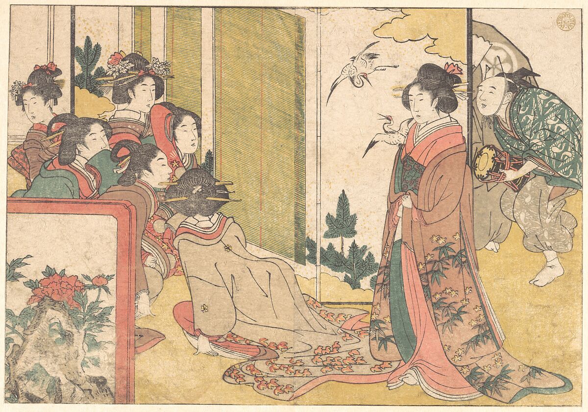 Girls Entertained by Performers, from the illustrated book Flowers of the Four Seasons, Kitagawa Utamaro (Japanese, ca. 1754–1806), Woodblock print; ink and color on paper, Japan 