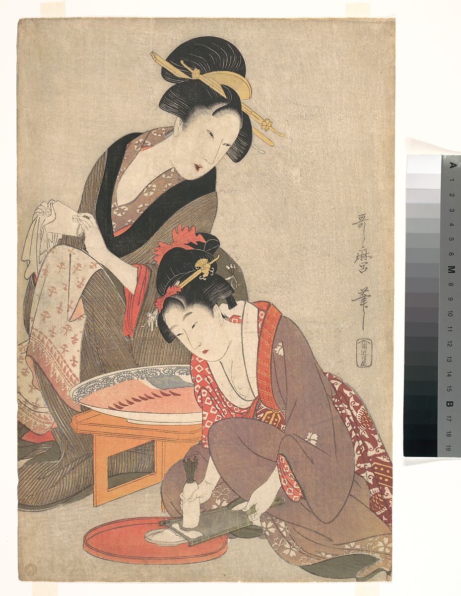 Women Preparing Sashimi, Kitagawa Utamaro (Japanese, ca. 1754–1806), Woodblock print; ink and color on paper, Japan 